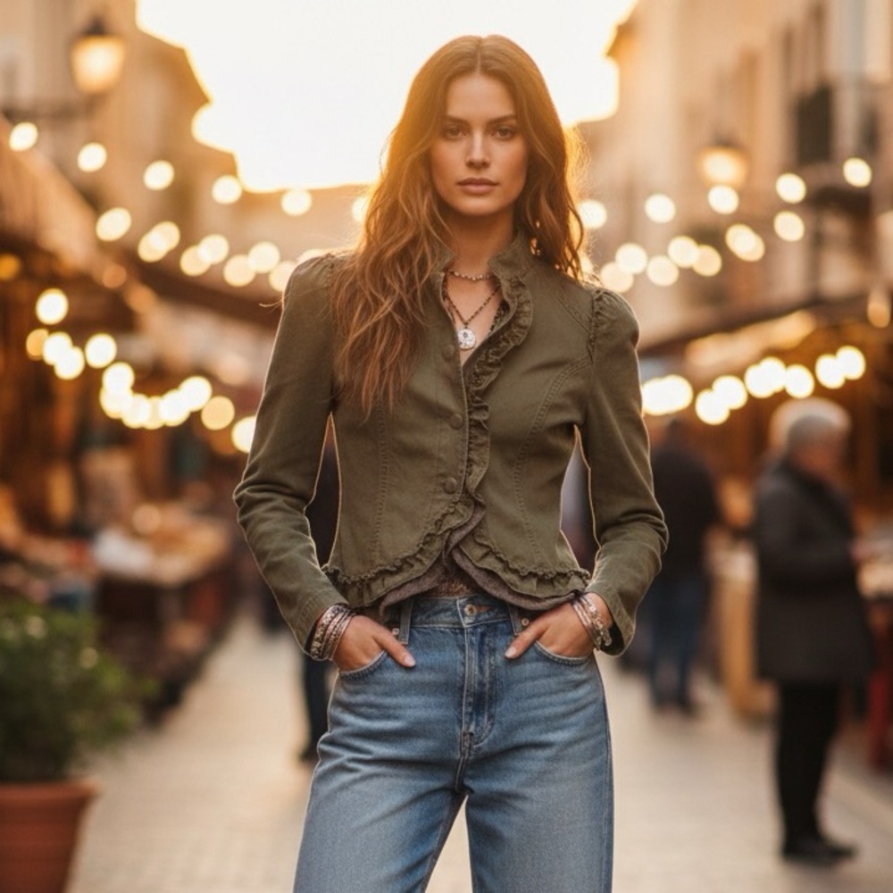 Olive Ruffled Women's Jacket - Picture 2 of 7